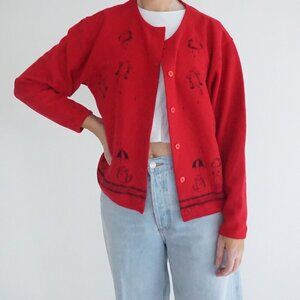 Vintage Christopher Banks Red Rain Cloud Cat Kitten Button Front Knit Cardigan M